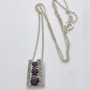 VTG Garnet & Diamond Accent Pendant & Sterling Silver Curb Link Chain 16” MJI
